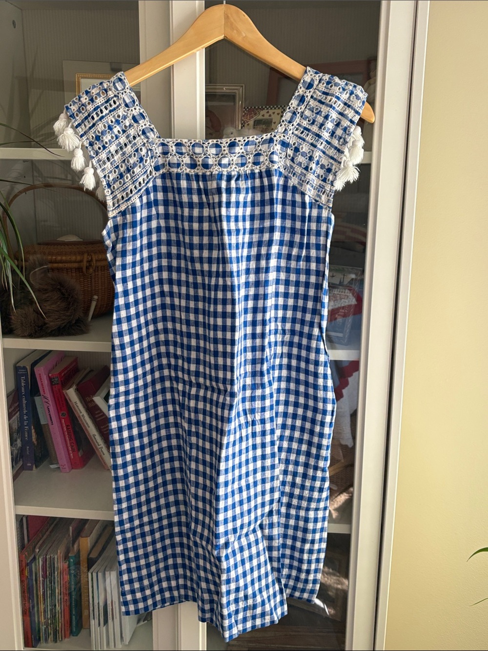 J.McLaughlin Blue and White Gingham Tassel Sleeve Sundress with pockets
